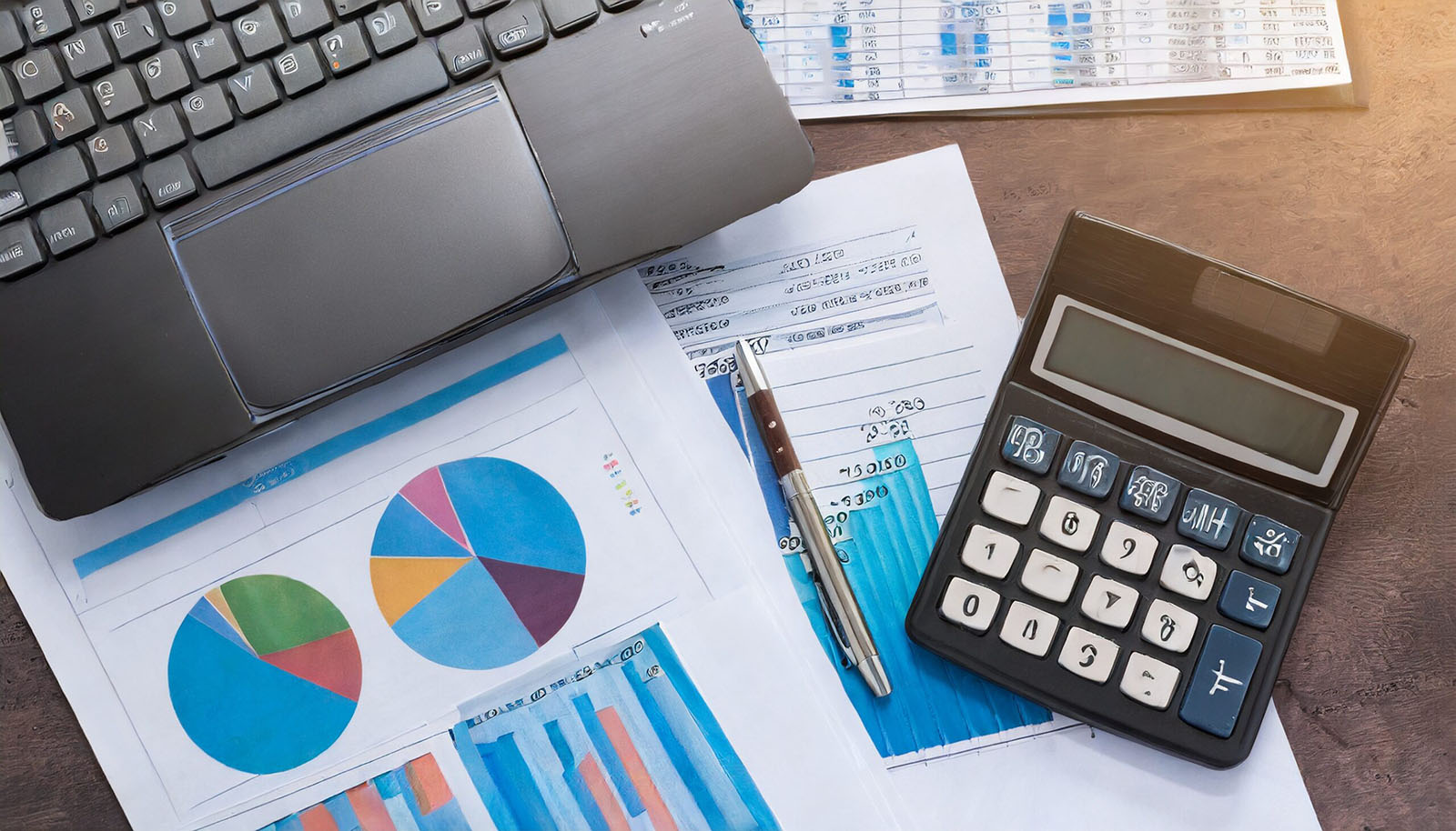 Office analytics; accounting records; papers with graphs, calculator and pen