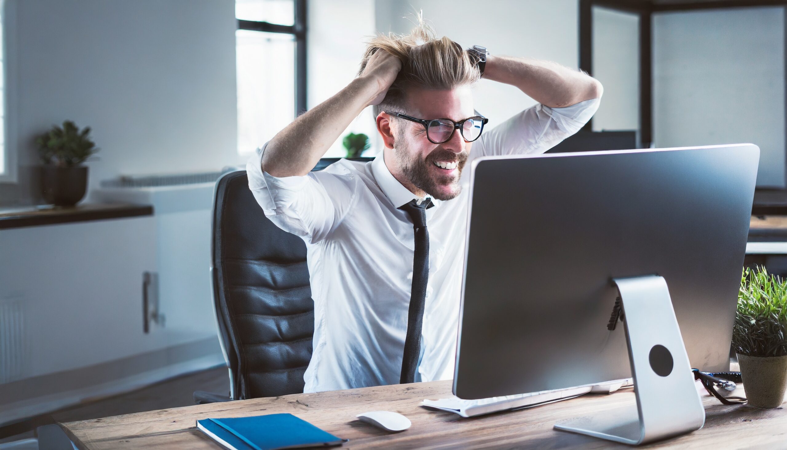Office analytics; man pulling his hair at pc