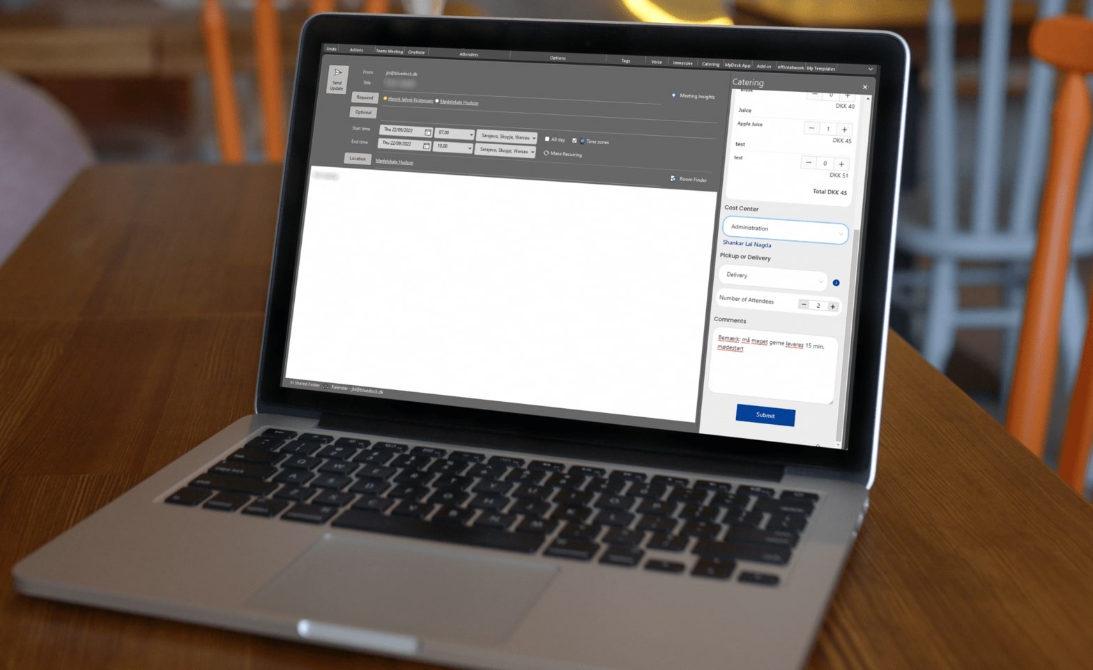 Book catering and meeting rooms directly from Outlook