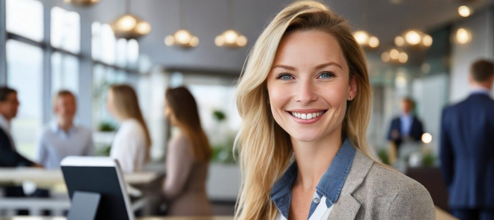 Happy woman looking at office reception