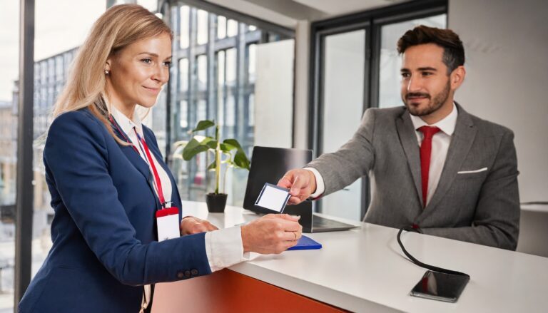 Visitor management system; woman registration at reception at office