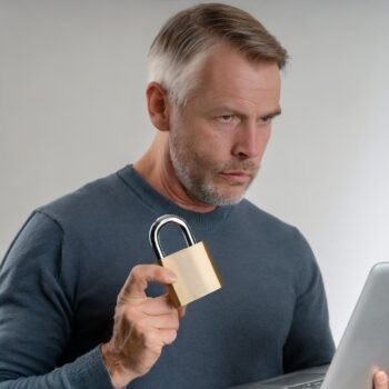 concerned man about security of a laptop on white background, hold the padlock in hand