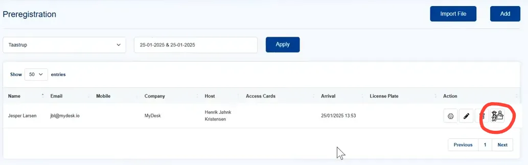 Check-in button on the system
