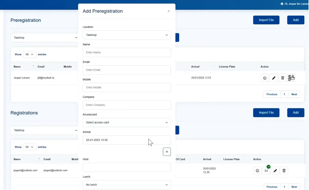 On-screen registration form
