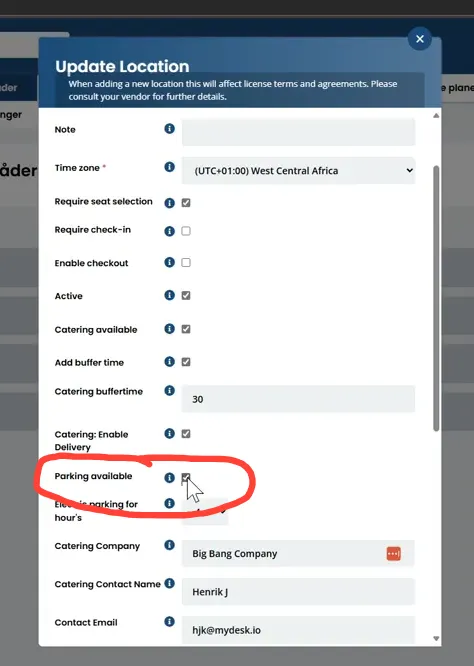Enabling parking at locations in MyDesk