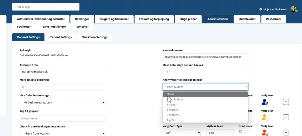 Data retention settings in MyDesk