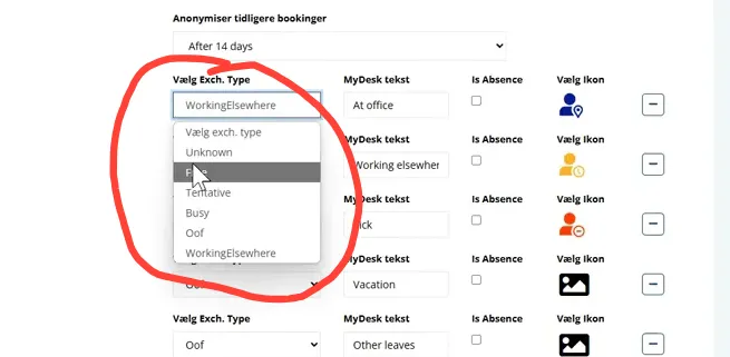 Vælg Exchange-type