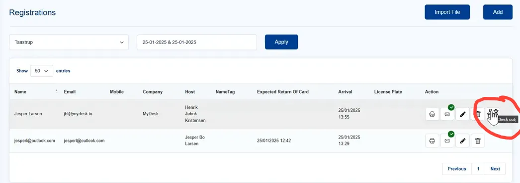 Check-out button on the system