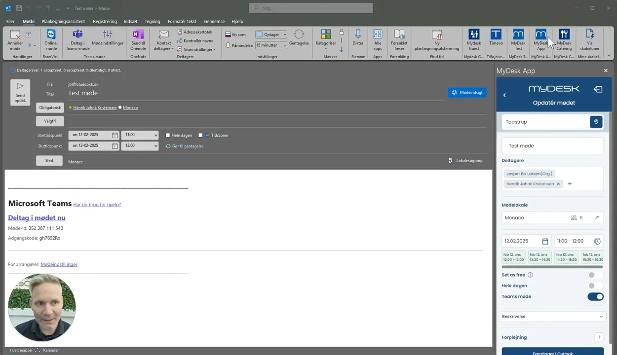 Skærmbillede af MyDesk Add i Outlook