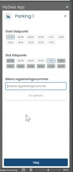 Valg af elbilplads og indtastning af registreringsnummer