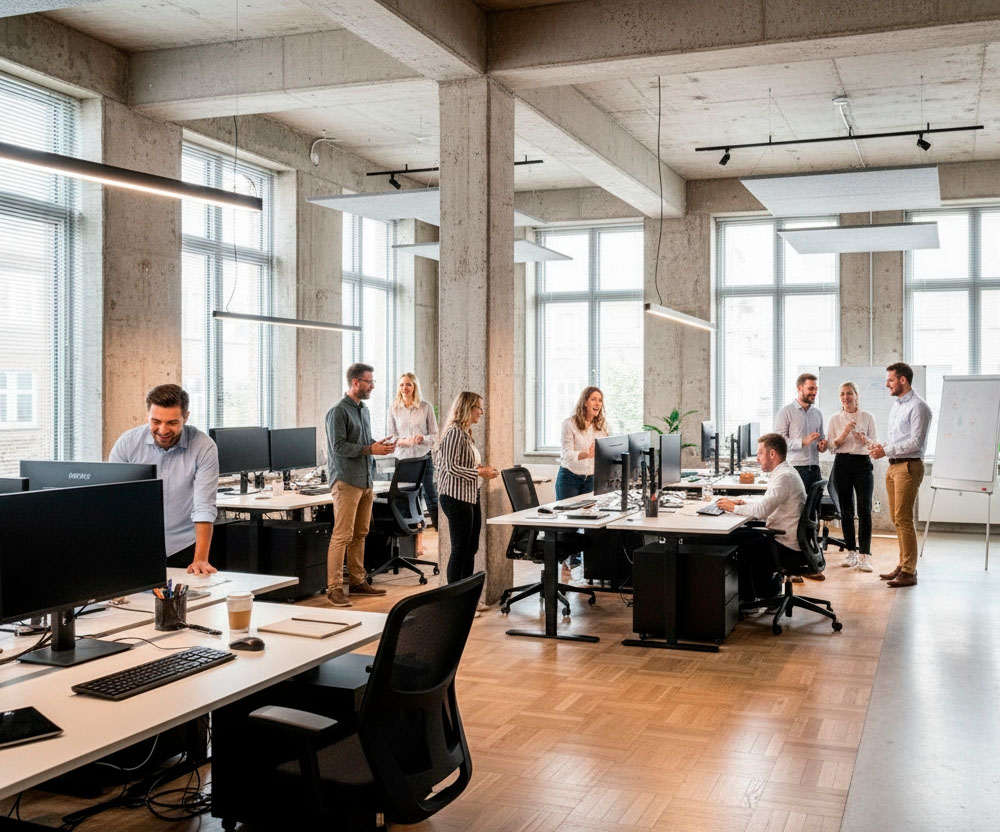 Open office with happy people because of MyDesk