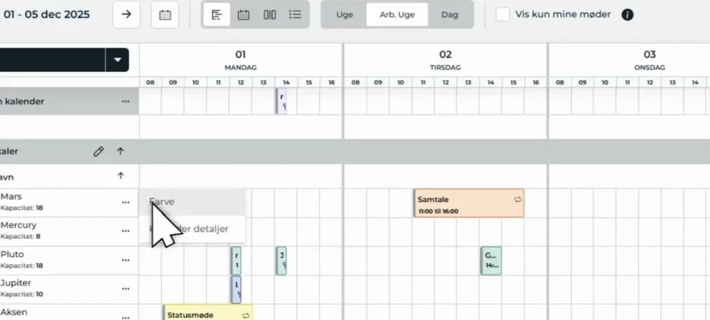 MyDesk Planner visning med markør over menuen 'Farve' for at farvelægge mødelokale