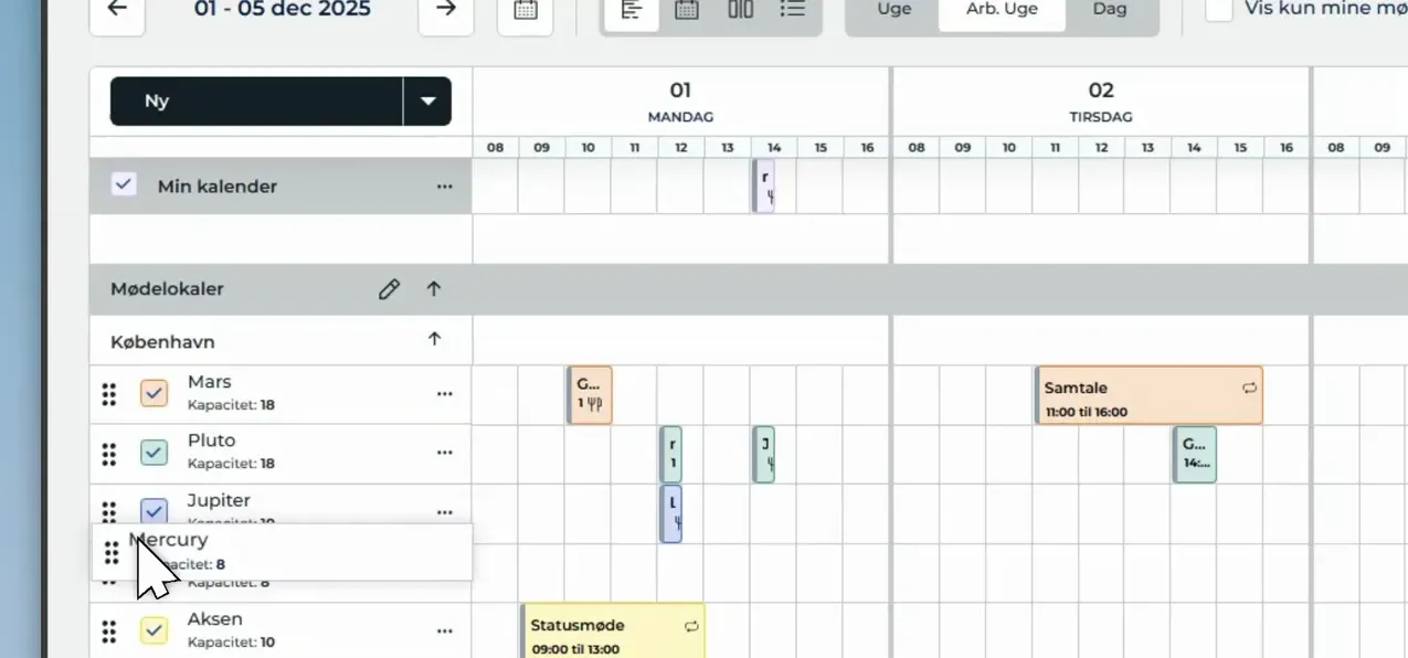 List of meeting rooms in MyDesk Planner with cursor dragging a room to change order
