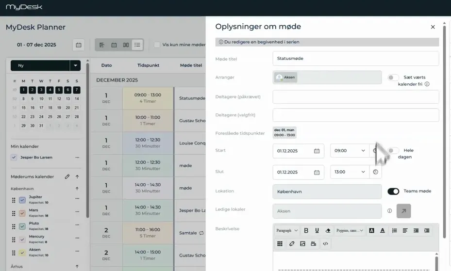 Open meeting form in MyDesk Planner shown in the center of the screen with list view on the left