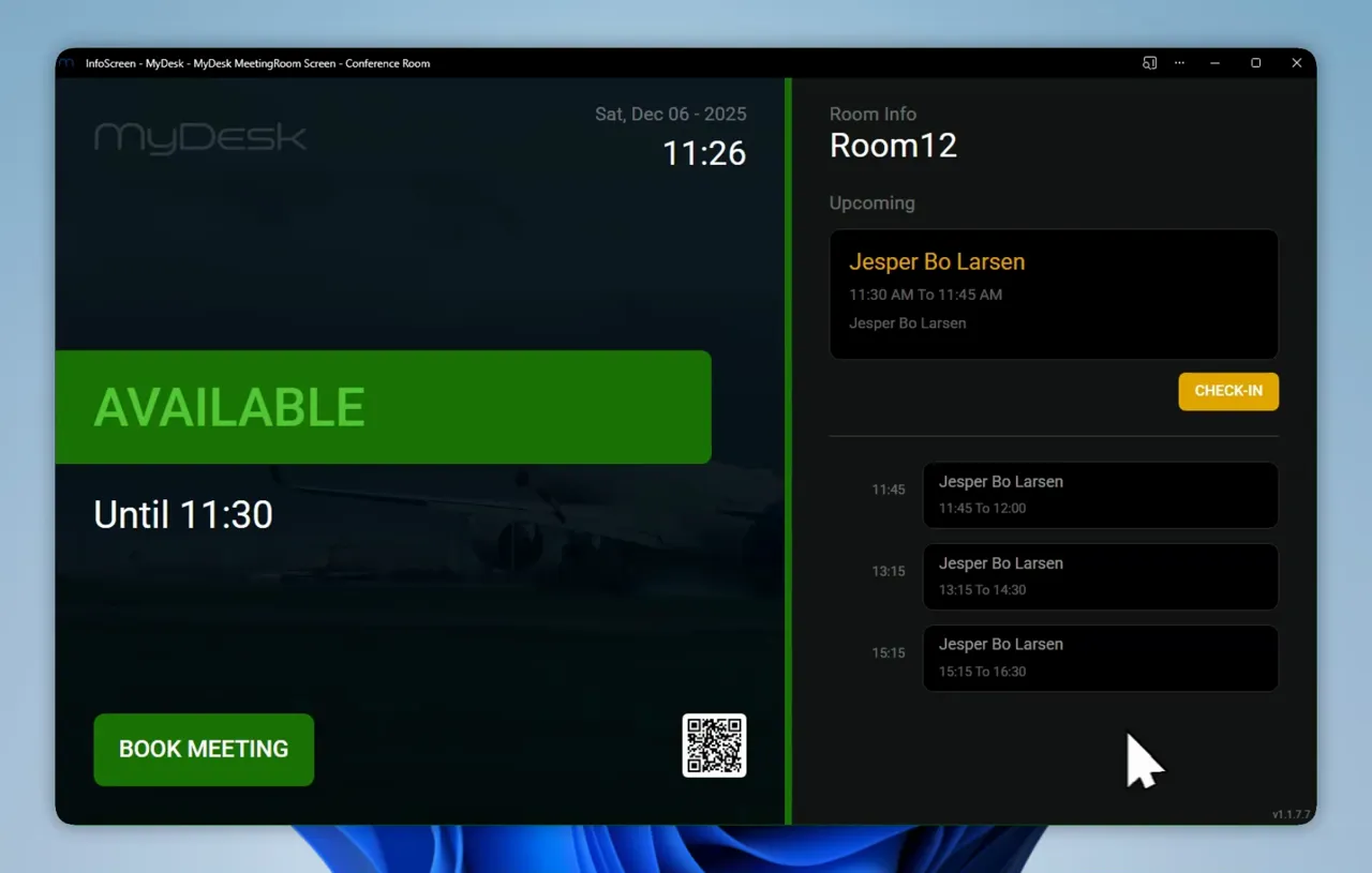 MyDesk meeting room display with 'AVAILABLE' status and an overview of upcoming meetings on the right