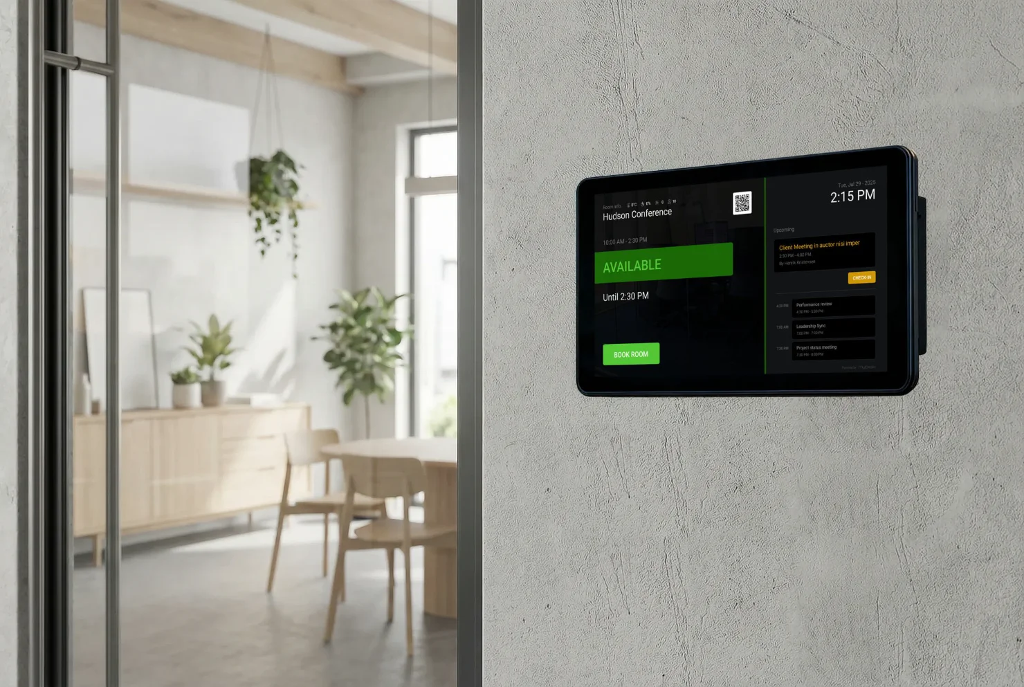 Digitalt dørskilt til mødelokale med realtidsbooking