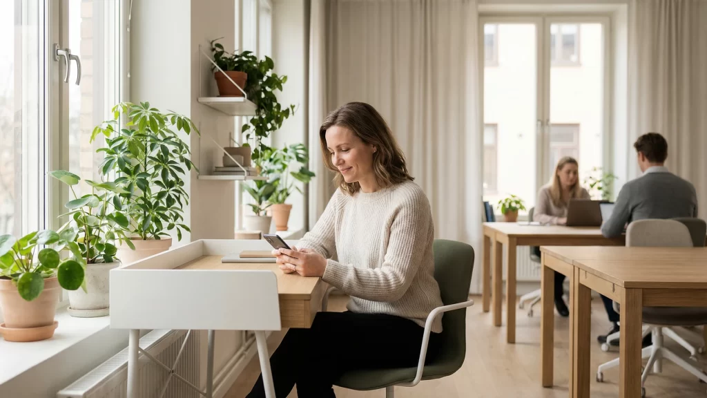 Medarbejder booker skrivebord via MyDesk-app i skandinavisk kontor