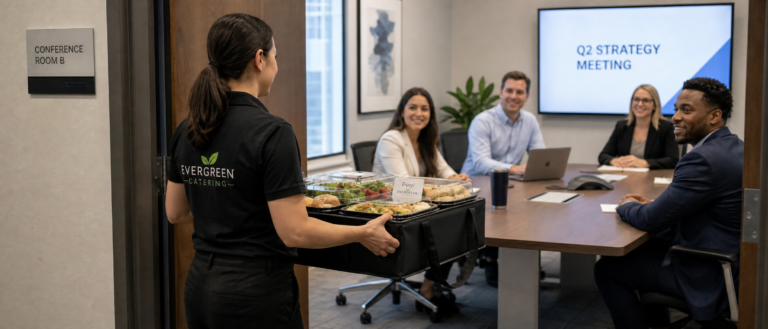 Catering staff in black uniform delivering lunch trays to a conference room with four professionals at a table; sign reads Conference Room B.