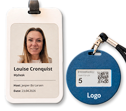Two lanyard badges: a white rectangular ID featuring Louise Cronquist's photo and host/date details, plus a blue circular badge with a logo and QR code.