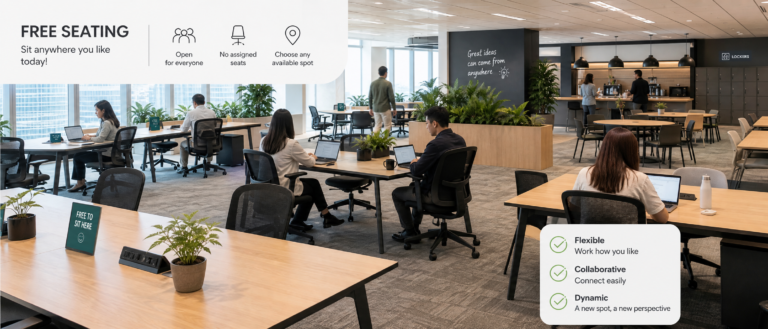 Open-plan coworking space with free seating, people using laptops at desks, and greenery throughout the area.