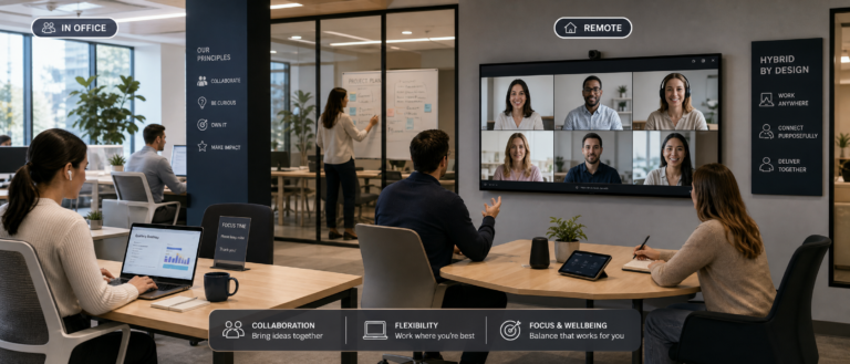 Team in a modern office conferencing room joining a virtual meeting on a large wall screen with six participants visible remotely, in-office team collaborating at the table.