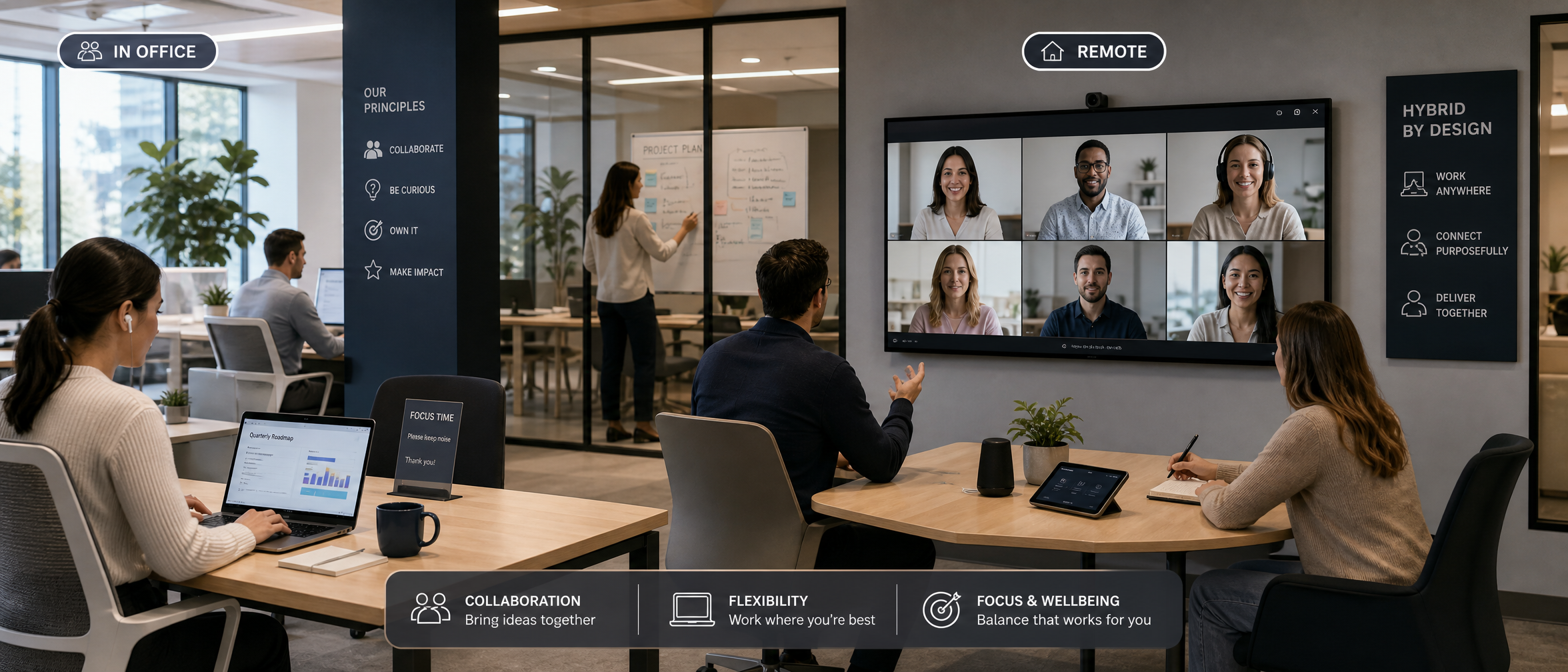 Team in a modern office conferencing room joining a virtual meeting on a large wall screen with six participants visible remotely, in-office team collaborating at the table.