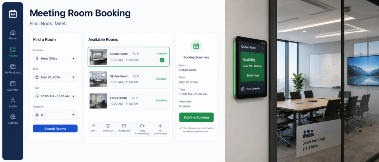Dashboard view of a meeting room booking app showing Find a Room form, Available Rooms list with Ocean, Skyline, and Focus Rooms, and a Booking Summary panel.