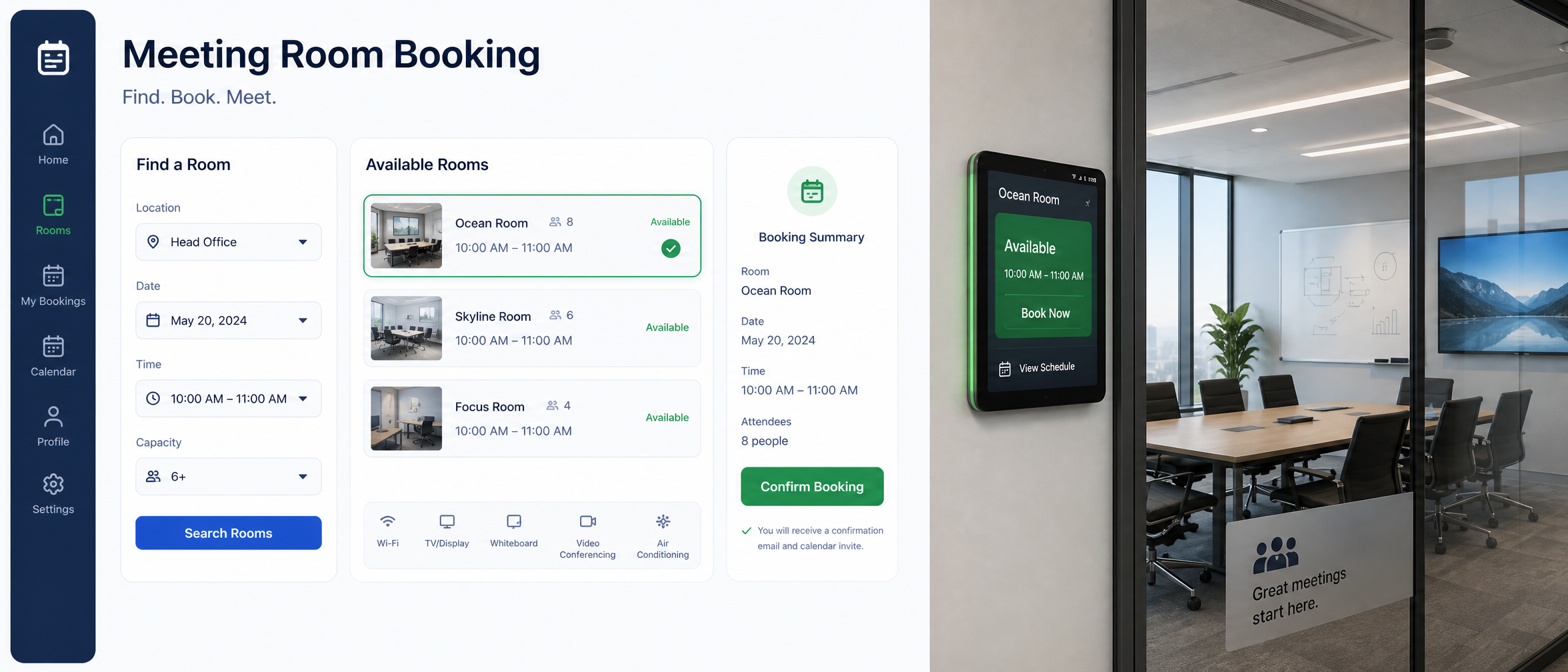 Dashboard view of a meeting room booking app showing Find a Room form, Available Rooms list with Ocean, Skyline, and Focus Rooms, and a Booking Summary panel.