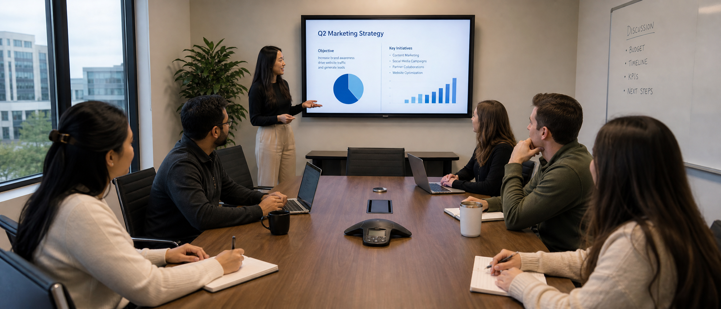 A woman presents a slide on a large screen while seated colleagues listen in a conference room.