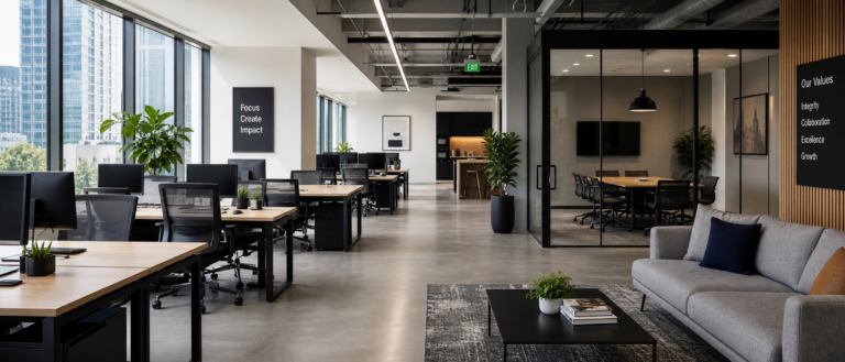 Open-plan office with rows of desks and computers, plants, and large windows; a glass-walled meeting room on the right.
