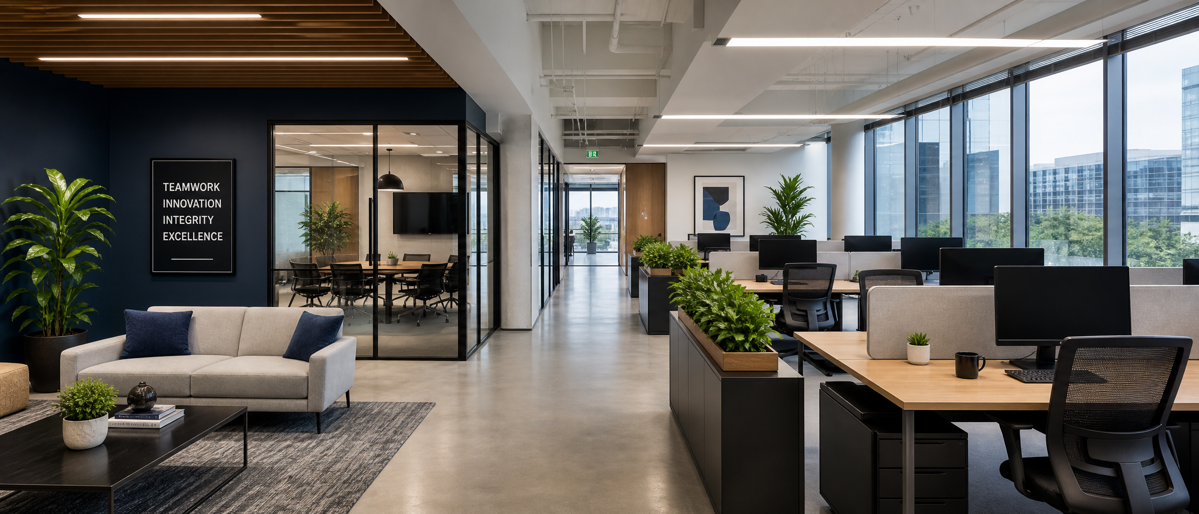 Open-plan office with rows of desks and black monitors, large windows on the right, and green plants throughout.