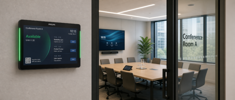 Conference room entrance with glass door labeled 'Conference Room A' and a wall screen showing availability outside the room.