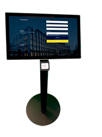 Self-service information kiosk with touchscreen displaying a sign-in form on a blue background, mounted on a black pedestal.