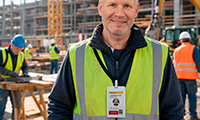 Construction site supervisor in a high-visibility vest with an ID badge, smiling, with cranes and workers in the background.