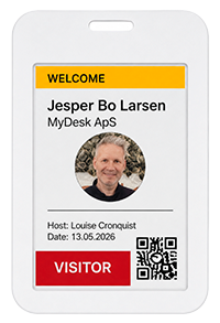 Visitor badge for Jesper Bo Larsen (MyDesk Apps), hosted by Louise Cronquist; includes yellow WELCOME banner, photo, QR code, and red VISITOR button.