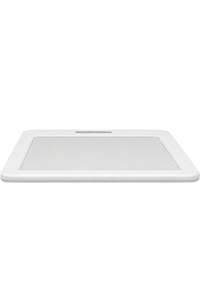 White tablet computer lying flat on a white surface, viewed from a low angle.