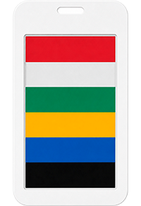 Handheld white device displaying six horizontal color stripes: red, white, green, yellow, blue, black.