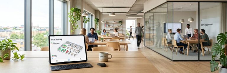 Open office scene with a tablet showing Desk Booking on a wooden desk; a Fjord Co. mug sits nearby, and a glass-walled meeting room is in the background.