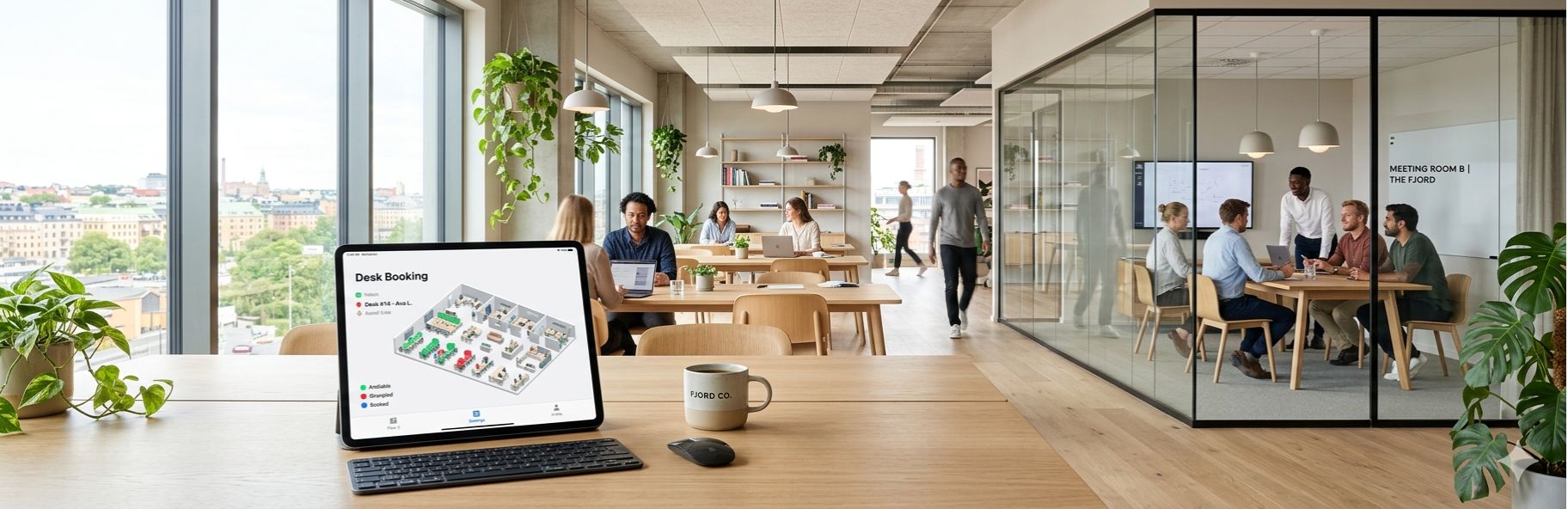 Open office scene with a tablet showing Desk Booking on a wooden desk; a Fjord Co. mug sits nearby, and a glass-walled meeting room is in the background.