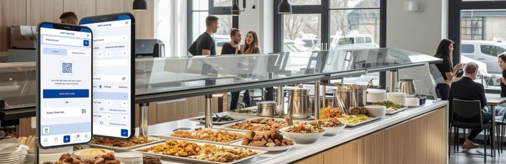 Two smartphones show a catering app UI next to a self-serve buffet in a modern cafe.