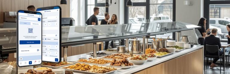 Two smartphones show a catering app UI next to a self-serve buffet in a modern cafe.