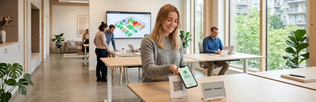 Woman in a gray sweater at a wooden table in a bright, modern office, showing a phone screen with a green check mark and a QR code nearby.