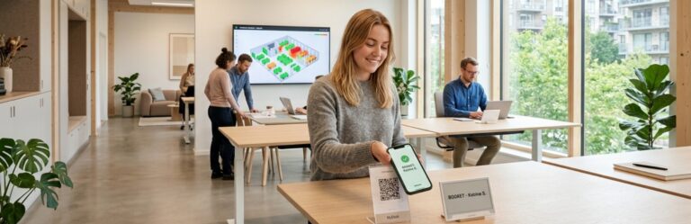 Woman in a gray sweater at a wooden table in a bright, modern office, showing a phone screen with a green check mark and a QR code nearby.