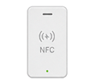 White NFC tag/card device with wireless signal icon and the label 'NFC', featuring a small green LED at the bottom (indicating active/status).
