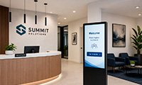 Modern reception area with a curved wooden desk, the Summit logo on the wall, and a tall digital information screen.