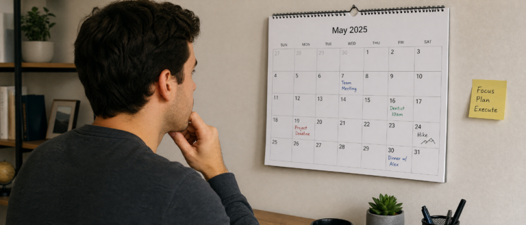 Man in a dark shirt studies a large May 2025 wall calendar with handwritten appointments and a yellow sticky note saying 'Focus Plan Execute' on the wall beside it.
